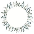 Circlet of varied gentle leaves and branches. Hand-drawn rustic wreath frame for anniversary postcards, wedding