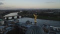 Circling drone image around a statue in Dresden near the famous Frauenkirche in the morning