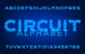 Circuit alphabet font. Neon color letters and numbers.