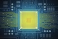 Circuit background with a yellow processor Royalty Free Stock Photo