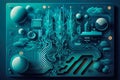 circuit board in abstract shades of blue with a retro-futuristic design, resembling an intergalactic landscape with stars