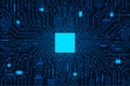Circuit board background. CPU microchip, abstract conductor scheme and other circuit components. Computer motherboard, digital