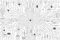 Circuit board background. CPU microchip, abstract conductor scheme and other circuit components. Computer motherboard, digital