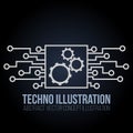 Circuit board banner vector on black background. Gears, engineering and tech, motherboard and computer design