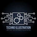 Circuit board banner vector on black background. Gears, engineering and tech, motherboard and computer design Royalty Free Stock Photo