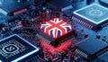 A close up of a circuit board with a chip displaying the british flag on top of it Royalty Free Stock Photo