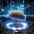 Circuit board computer with brain. Artificial neural network. Royalty Free Stock Photo