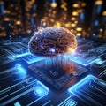 Circuit board computer with brain. Artificial neural network. Royalty Free Stock Photo