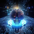 Circuit board computer with brain. Artificial neural network. Royalty Free Stock Photo
