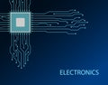 Circuit board cpu. Blue electronics background with line. Royalty Free Stock Photo