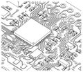 Circuit board with CPU on it close-up illustration Royalty Free Stock Photo