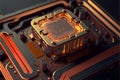 Circuit board and cpu close up with orange glow. Quantum computer concept.