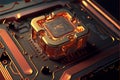 Circuit board and cpu close up with orange glow. Quantum computer concept.