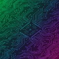 Circuit board design featuring intricate, interconnected lines and nodes, forming a