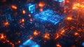 The circuit board emits a bright glow in shades of blue and orange, with a radiant light at its core Royalty Free Stock Photo