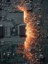 Circuit Board Experiences Short Circuit With Burning Sparks on One Side, Indicating Severe Malfunction and Potential Royalty Free Stock Photo