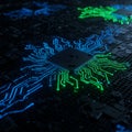 A circuit board featuring an array of microchips surrounded by intricate neon circuitry