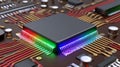 A circuit board featuring a futuristic CPU processor with glowing neon lights that embody advanced technology and data processing Royalty Free Stock Photo