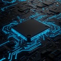 Circuit board featuring a prominent black microchip at its center, surrounded