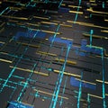 Circuit board futuristic server code processing. Angled view blue color technology black background. 3d