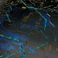 Circuit board futuristic server code processing. Angled view blue color technology black background. 3d Royalty Free Stock Photo