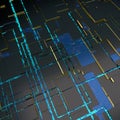Circuit board futuristic server code processing. Angled view blue color technology black background. 3d Royalty Free Stock Photo