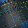 Circuit board futuristic server code processing. Angled view blue color technology black background. 3d Royalty Free Stock Photo