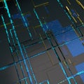 Circuit board futuristic server code processing. Angled view blue color technology black background. 3d Royalty Free Stock Photo