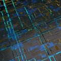 Circuit board futuristic server code processing. Angled view blue color technology black background. 3d Royalty Free Stock Photo