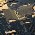 Circuit board futuristic server code processing. Gold and black technology background. 3d rendering