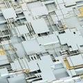 Circuit board futuristic server code processing. Gold and white technology background. 3d rendering