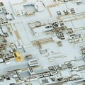 Circuit board futuristic server code processing. Gold and white technology background. 3d rendering