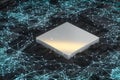 Circuit board with glowing cube and lines, 3d rendering