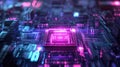 Circuit board with glowing neon lights and processor Royalty Free Stock Photo
