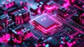 Circuit board with glowing processor and neon pink lights Royalty Free Stock Photo