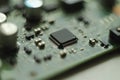 Complex electronics, green circuit board with a microcontroller
