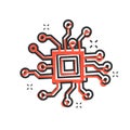 Circuit board icon in comic style. Technology microchip vector cartoon illustration pictogram. Processor motherboard business