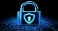 On a circuit board, an illuminated shield emblem is emblazoned on a digital padlock, which is surrounded by various Royalty Free Stock Photo