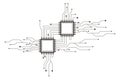 Circuit board line microchip, software. Integrated motherboard, connections. Innovative Electronic Network. Technology