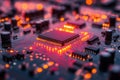 Close-up view of a circuit board illuminated by orange lights, showcasing intricate Royalty Free Stock Photo