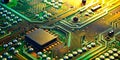 Circuit Board Macro Green and Gold Traces, Close-Up, Technology, electronics , circuit , microchip , pcb