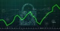 Circuit-board padlock overlaying green line graph on grid, with connected icons and data labels Royalty Free Stock Photo