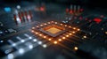 Close-up of a microchip under development, glowing nodes and nano-tech. Circuit board. Technology background. Central Computer Royalty Free Stock Photo