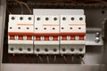 Circuit breaker in switch box. Control voltage switchboard. Distribution board for control electrical voltage in house or office