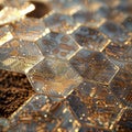 Intricate Circuit Maze with Golden Hexagonal Panels, generative ai