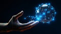 A circuit patterned hand holds a floating digital globe with network connections symbolizing global technology and connectivity.