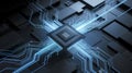 Close-up of a central computer processor chip with glowing blue circuit board pathways radiating outwards on a dark background Royalty Free Stock Photo