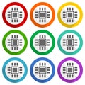 Circuit, technology, chip, processor vector icons, set of colorful flat design buttons for webdesign and mobile applications Royalty Free Stock Photo
