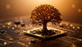 Circuit Tree Growing on AI Microchip Platform. AI themed Background. Generated Image Royalty Free Stock Photo