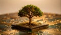 Circuit Tree Growing on AI Microchip Platform. AI themed Background. Generated Image Royalty Free Stock Photo